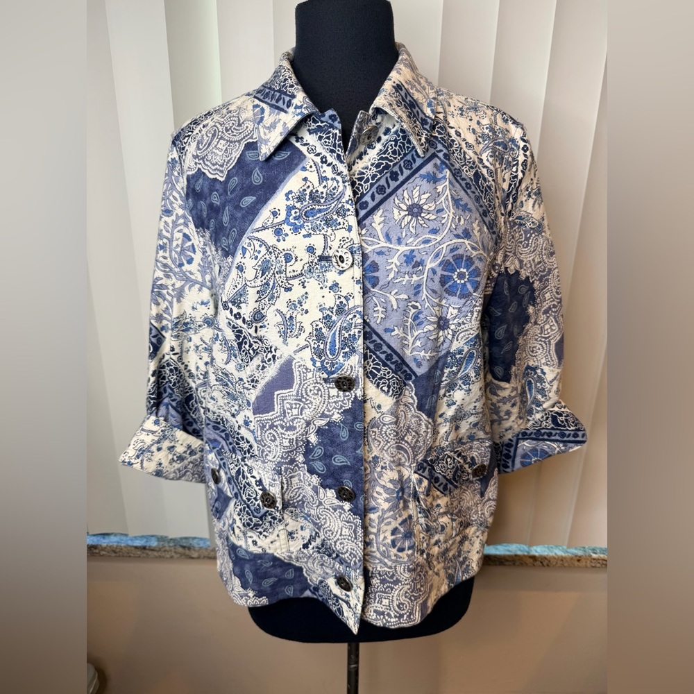 Coldwater Creek blue flower/paisley print 100% cotton layering jacket Size 12
